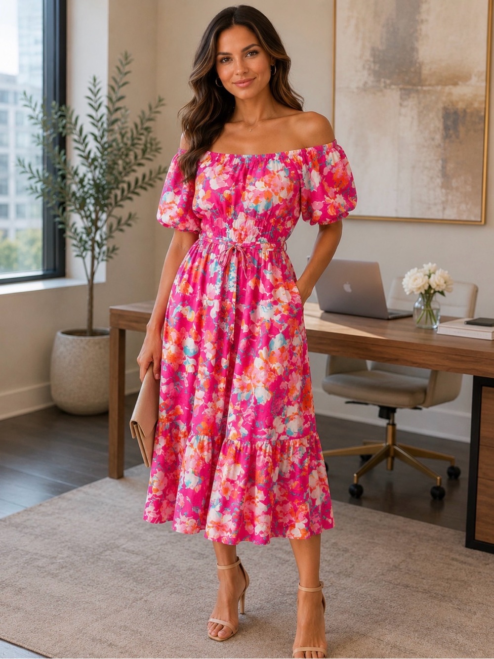 Fashion Nova Pink Floral Puff-Sleeve Midi Dress